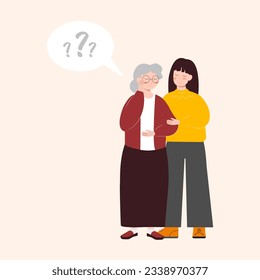 Young woman caring her grandma. Social help. Care senior, volunteer works with elderly helps supports them. Old people, memory loss, dementia, Alzheimer mental health disorder concept.