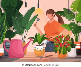 Mujer joven cuidando de las plantas de la casa. La vida diaria y la rutina diaria de la mujer joven en un interior acogedor con plantas de la casa. Jardinería doméstica y plantas de cultivo.