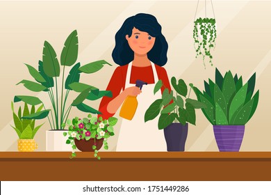 Young woman caring for houseplants. Houseplant hobby. Vector illustration in flat style