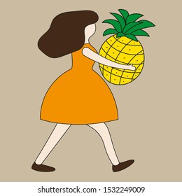 Young woman carries a big pineapple in her hands