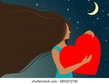 Una joven lleva un corazón en sus manos sobre el fondo del cielo nocturno. Ilustración plana vectorial.