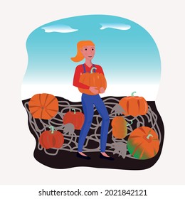 Young woman carries in her hands a large pumpkin from the garden. Harvesting pumpkin. Multicolored vector illustration.