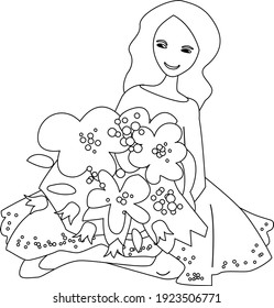 Young woman carries present - a big bunch of roses.  Black and white linear contour illustration for coloring book.