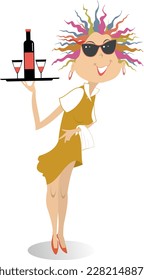 Young woman carries a tray with a bottle and glasses. Smiling young woman carries a tray with alcohol drink and two glasses. Isolated on white background