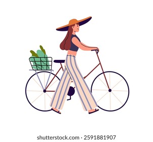 Young woman carries vegetables on lady bicycle with basket. Girl in summer hat goes near bike while riding, walk. Bicyclist cycling from shopping. Flat isolated vector illustration on white background