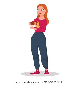 Young woman carries wood for a fire. Female character with logs in her hands. Flat vector Illustration