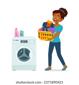 young woman carry dirty clothes in basket and will wash it