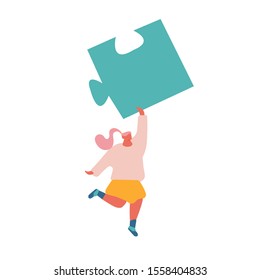 Young Woman Carry Huge Puzzle Piece in Raised Hand Isolated on White Background. Teamwork Cooperation, Solution, Creative Idea Integrated in Business Process Concept. Cartoon Flat Vector Illustration
