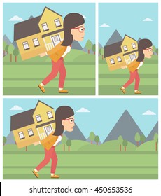 Young woman carrying a big house on her back on the background of mountains. Vector flat design Illustration. Square, horizontal, vertical layouts.