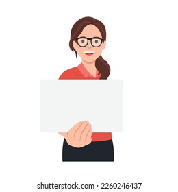 Young woman carrying a blank placard with a place for text. Flat vector illustration isolated on white background