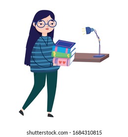 young woman carrying books and bookshelf lamp decoration vector illustration, book day
