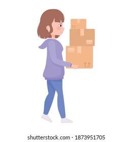 young woman carrying cardboard boxes cartoon vector illustration