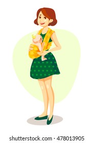 A young woman carrying child in a baby sling.
Vector illustration in cartoon style.