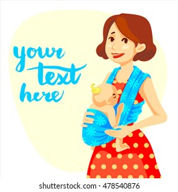 A young woman carrying child in a baby sling.
Vector illustration in cartoon style.