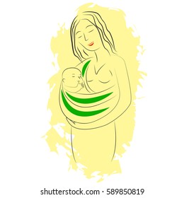 A young woman carrying child in a baby sling. Vector illustration in cartoon style on yellow background.

