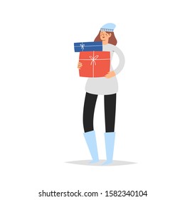 Young woman carrying festive gifts with purchases. Girl taking part in seasonal Christmas sale, Black friday at store, shop, mall. Cartoon character isolated on white background, vector illustration 