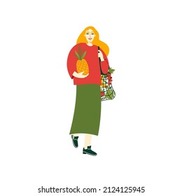 Young woman carrying her string bag and pineapple.  Zero-waste, eco-friendly lifestyle.  Vector flat illustration with people healthy vegetarian eating