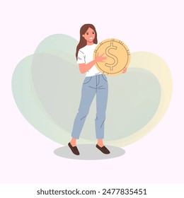 Young woman carrying huge coin vector illustration. Happy investor getting profit. Investment, finance, donation, money concept