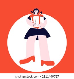 Young woman carrying a huge stack of gifts. Giving presents for a holiday concept isolated on white in modern outline minimalism design. Flat Art Vector Illustration.