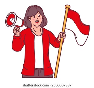 A young woman carrying the Indonesian flag and megaphone