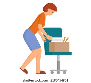 Young woman carrying luggage. Things and utensils are stacked in box, concept of moving or repair. Female character transports things in cardboard boxes to new apartment or office, cleaning at home