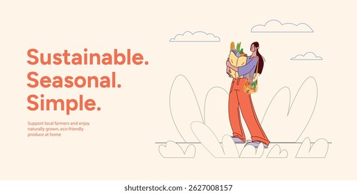 Young Woman Carrying Paper Bag and Mesh Bag Full of Vegetables. Sustainable Seasonal Simple Concept Banner. Farm Produce, Eco Friendly Shopping. Vector Illustration on Light Background
