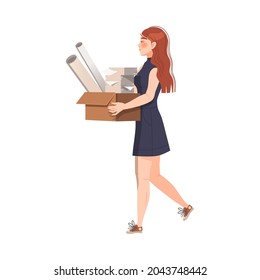 Young Woman Carrying Paper in Cardboard Box for Recycling Saving Earth Taking Care of Nature and Environment Vector Illustration
