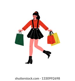 Young Woman Carrying Shopping Bags with Purchases, Beautiful Girl Purchasing at Store, Mall, Shop Vector Illustration