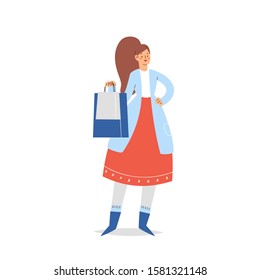 Young woman carrying shopping bags with purchases. Girl taking part in seasonal Christmas sale, Black friday at store, shop, mall. Cartoon character isolated on white background, vector illustration 