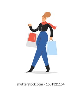 Young woman carrying shopping bags with purchases. Girl taking part in seasonal Christmas sale, Black friday at store, shop, mall. Cartoon character isolated on white background, vector illustration 