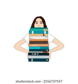 A young woman carrying a stack of books. Pile of textbooks. Education, study and literature concept. World book day. Vector illustration