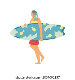 Young woman carrying water surfboard, flat vector illustration isolated on white background. Hawaiian lifestyle, beach surfing and entertainment activity.