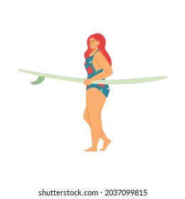 Young woman carrying water surfboard, flat vector illustration isolated on white background. Hawaiian lifestyle, beach surfing and entertainment activity.