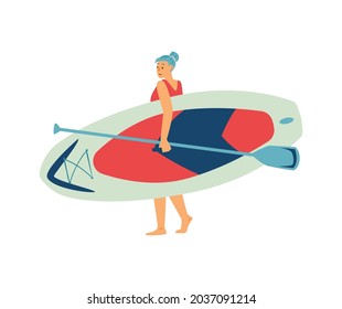 Young woman carrying wide surfboard or paddleboard and paddle, flat vector illustration isolated on white background. Paddleboarding trendy types of water activities.