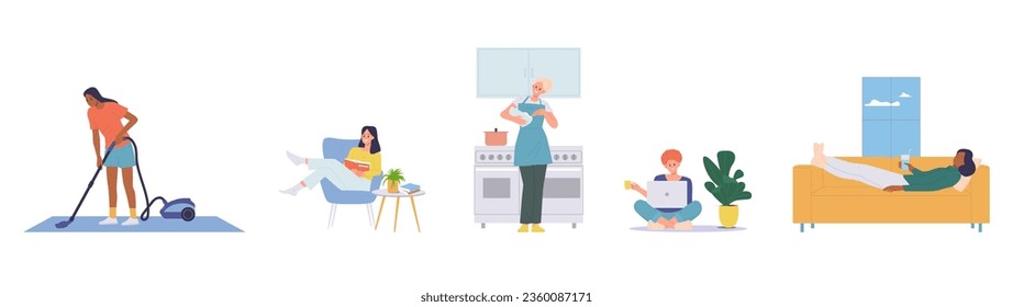 Young woman cartoon character daily routing doing everyday activity isolated set on white background