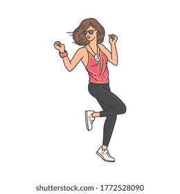Young woman cartoon character dancing on dance floor, vector illustration in sketch style isolated on white background. Female modern fashion dancer personage.