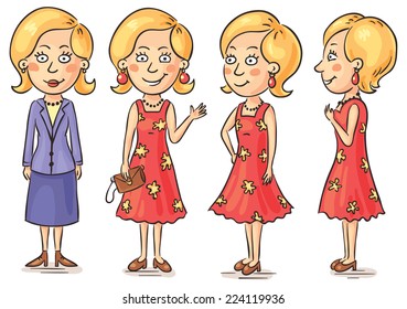 Young woman cartoon character at different angles