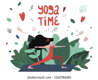 Young woman cartoon character doing yoga pose on nature. Vector Flat hand drawn, doodle illustration and abstract symbols with inscription Yoga Time.  Sport, activity concept for design