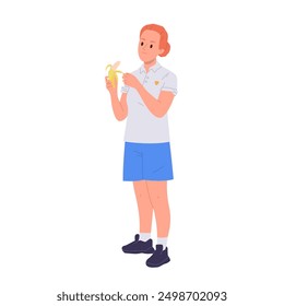 Young woman cartoon character eating banana sportive healthy snack isolated on white background