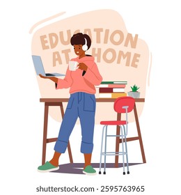 Young woman cartoon character engaged in online learning at cozy home space vector illustration. Female student wearing headphones watching training webinar using laptop and internet features scene