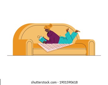Young woman cartoon character enjoying vacant time and reading book on sofa, sketch vector illustration isolated on white background. Weekend leisure and recreation.