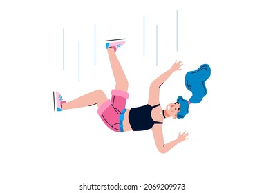 Young woman cartoon character falls from height, flat vector illustration isolated on white background. Falling woman getting injury or wound in result of accident.