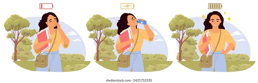 Young woman cartoon character feeling thirst and lack of power drinking energy beverage isolated set. Female worker or student increasing effectiveness with energetic refreshment vector illustration