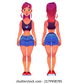 Young woman cartoon character front and rear view, teenager, youth wear trendy clothes tank top, jeans shorts and sneakers. Pretty girl personage with green eyes and ginger hair, Vector illustration