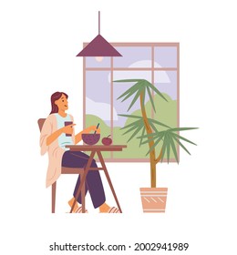 Young woman cartoon character having breakfast or lunch at home, flat vector illustration isolated on white background. Daily meal of young modern woman.