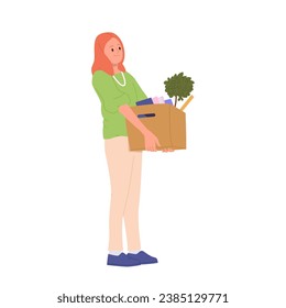 Young woman cartoon character holding heavy box with personal belongings isolated on white