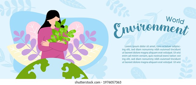 Young woman in cartoon character hug a plant with global and wording of environment day, on decoration plants and blue leaves pattern background. 