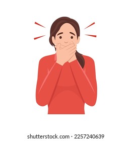 Young woman cartoon character Keep a secret be quiet concept. keeping mouth shut . Flat vector illustration isolated on white background