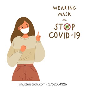 Young woman cartoon character with mask and wearing mask to stop COVID-19 typography. Concept of warning sign, caution, reminder sign, announcement, notification, prevention. Flat vector illustration.