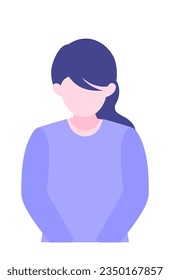 Young Woman cartoon character. People face profiles avatars and icons. Close up image of Woman taking a bow. Vector flat illustration.